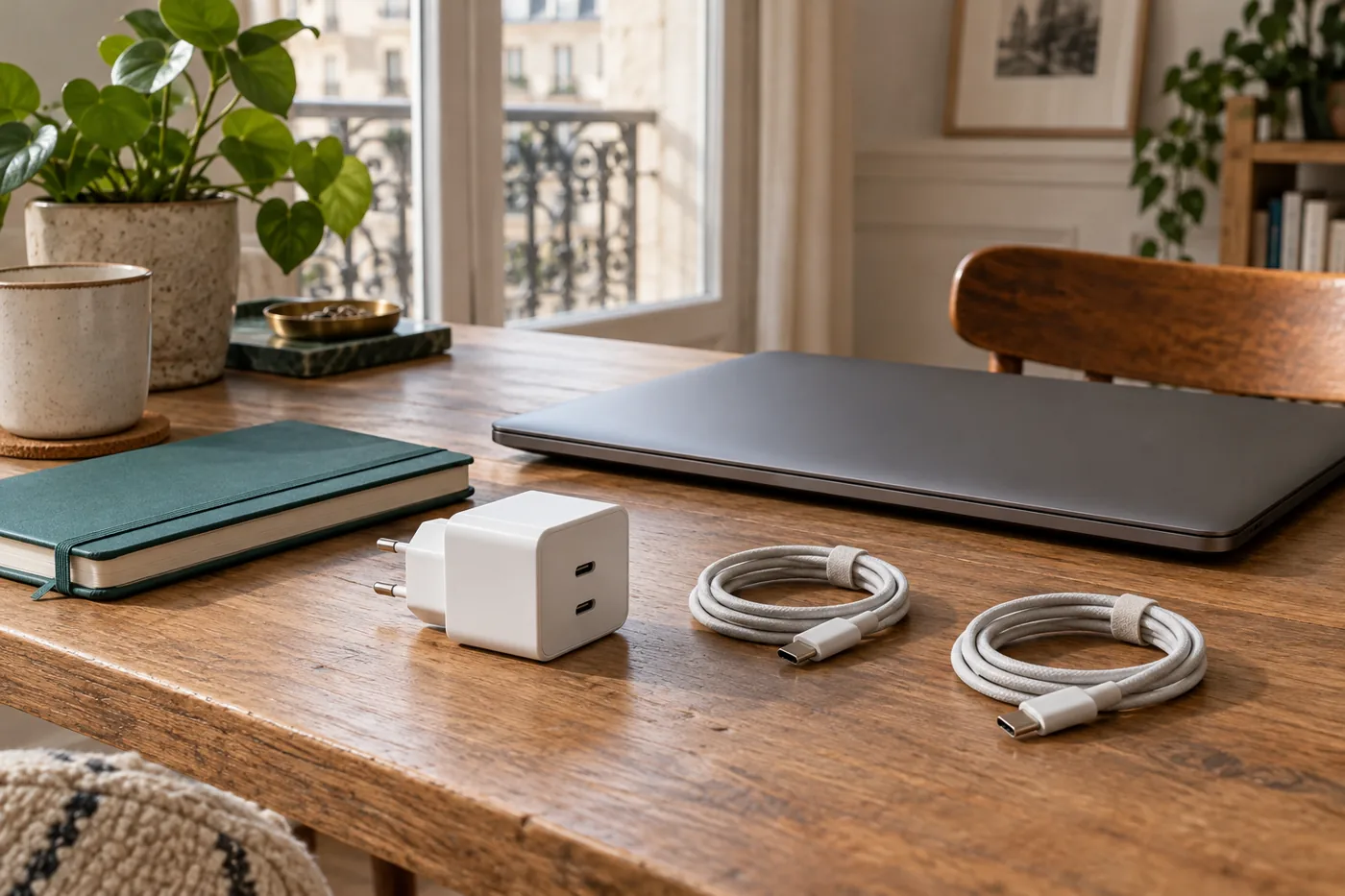 Chargeur USB-C et ordinateur fermé