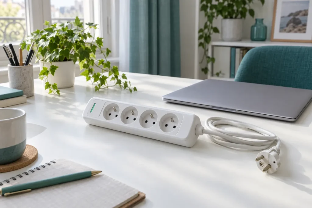 Multiprise débranchée sur un bureau
